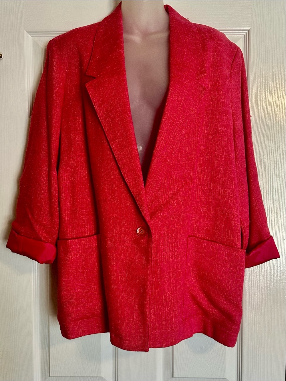 Vintage Hot Pink Relaxed-Fit Tweed Blazer with Pockets